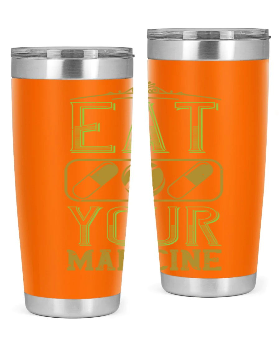 Eat Your Medicine 141# Vegan Tumbler in stainless steel with a vibrant design, perfect for hot and cold beverages.