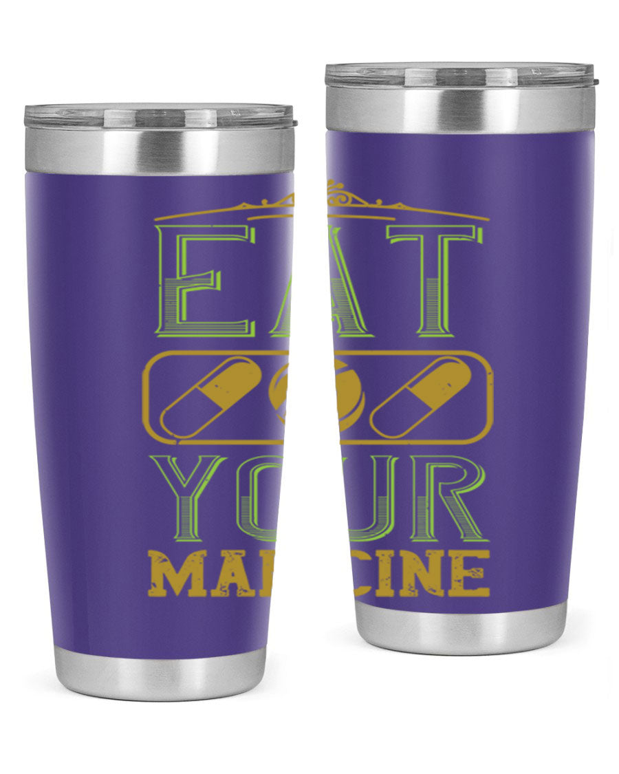 Eat Your Medicine 141# Vegan Tumbler in stainless steel with a vibrant design, perfect for hot and cold beverages.