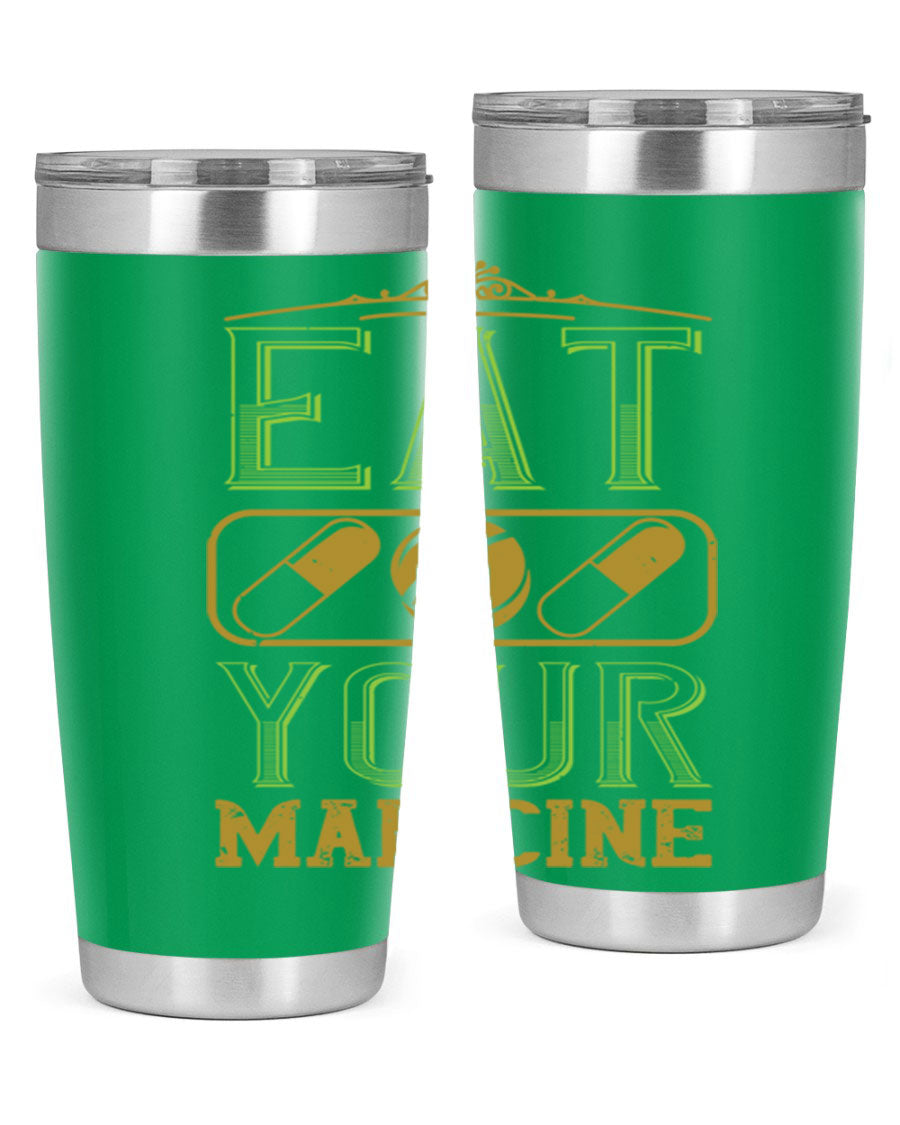 Eat Your Medicine 141# Vegan Tumbler in stainless steel with a vibrant design, perfect for hot and cold beverages.