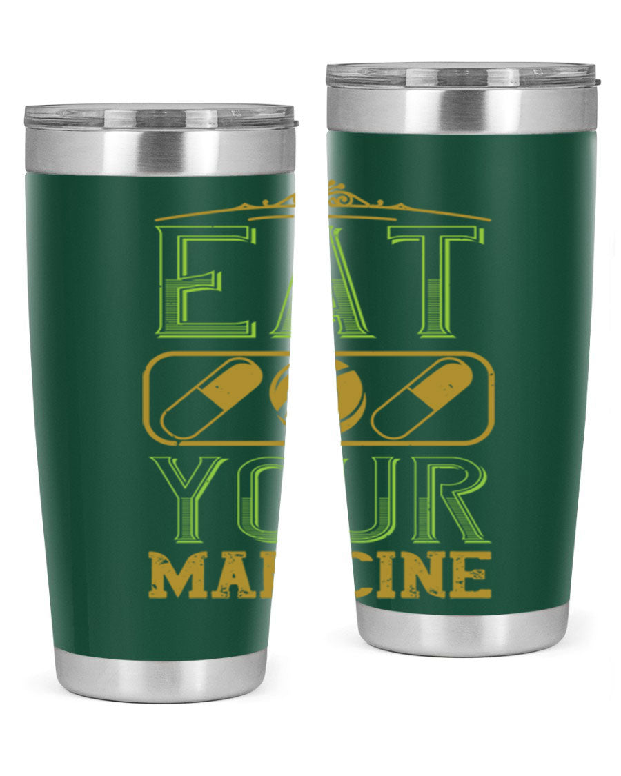 Eat Your Medicine 141# Vegan Tumbler in stainless steel with a vibrant design, perfect for hot and cold beverages.