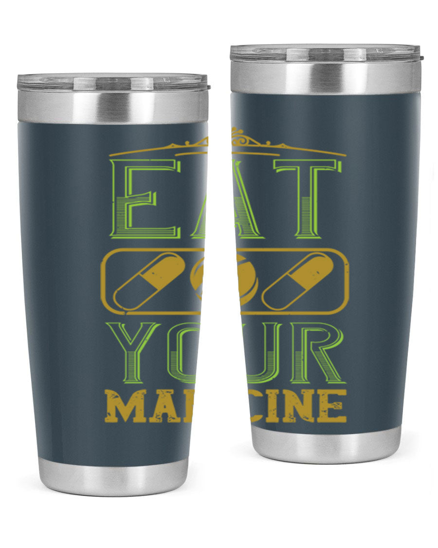 Eat Your Medicine 141# Vegan Tumbler in stainless steel with a vibrant design, perfect for hot and cold beverages.