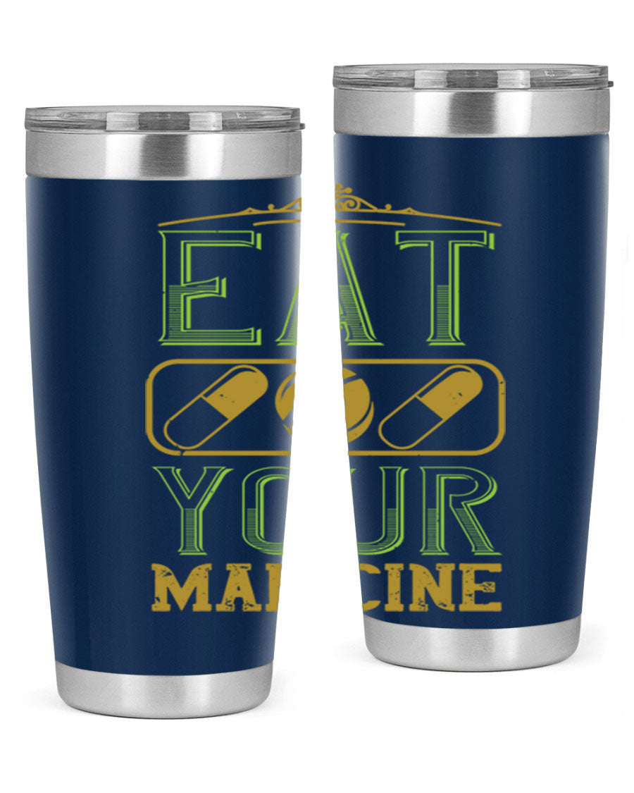 Eat Your Medicine 141# Vegan Tumbler in stainless steel with a vibrant design, perfect for hot and cold beverages.