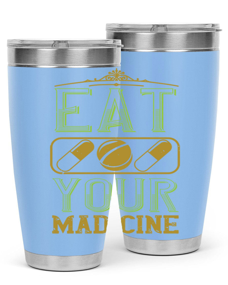 Eat Your Medicine 141# Vegan Tumbler in stainless steel with a vibrant design, perfect for hot and cold beverages.