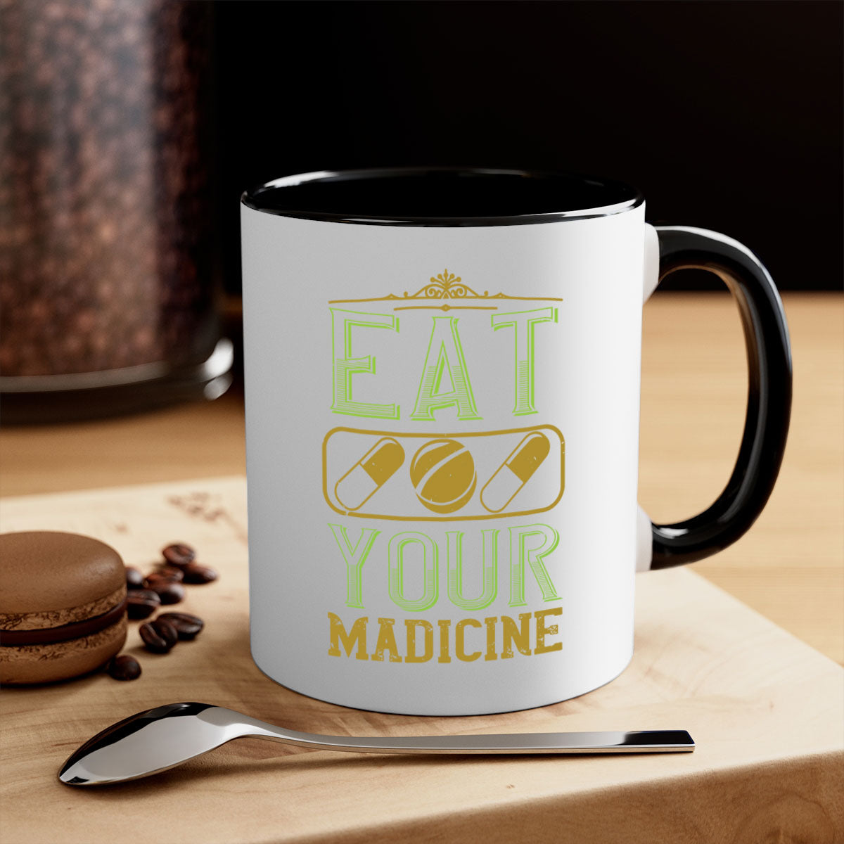 Eat Your Medicine 141# Vegan Mug with colorful handle and glossy finish, available in multiple colors and sizes.