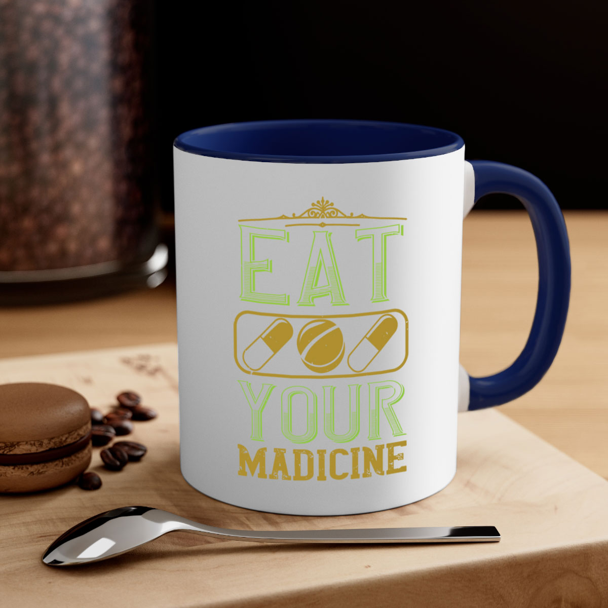 Eat Your Medicine 141# Vegan Mug with colorful handle and glossy finish, available in multiple colors and sizes.