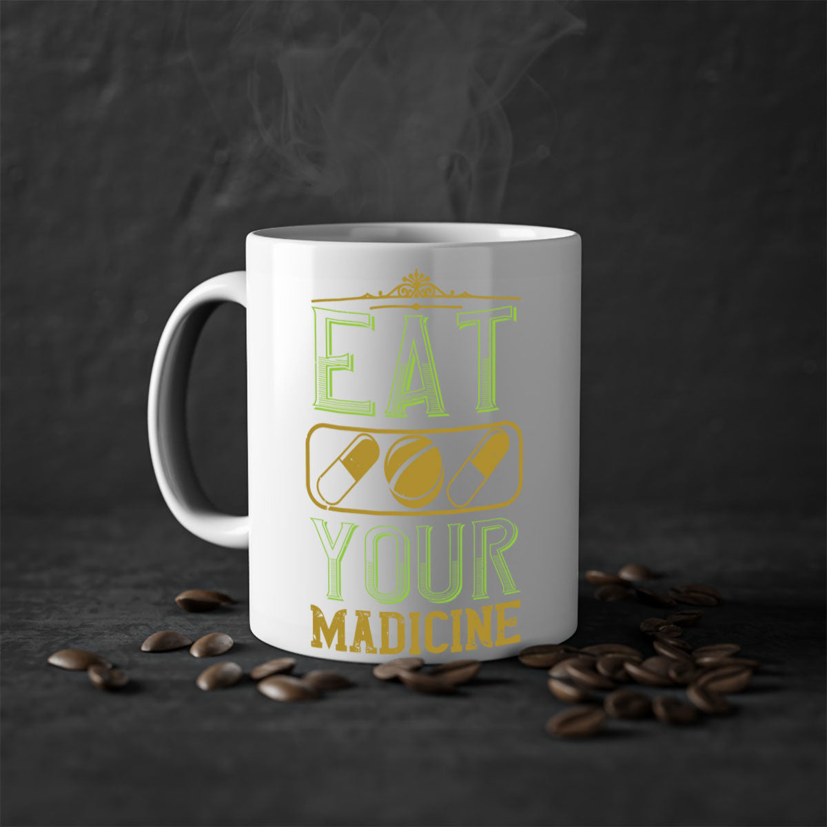 Eat Your Medicine 141# Vegan Mug with colorful handle and glossy finish, available in multiple colors and sizes.