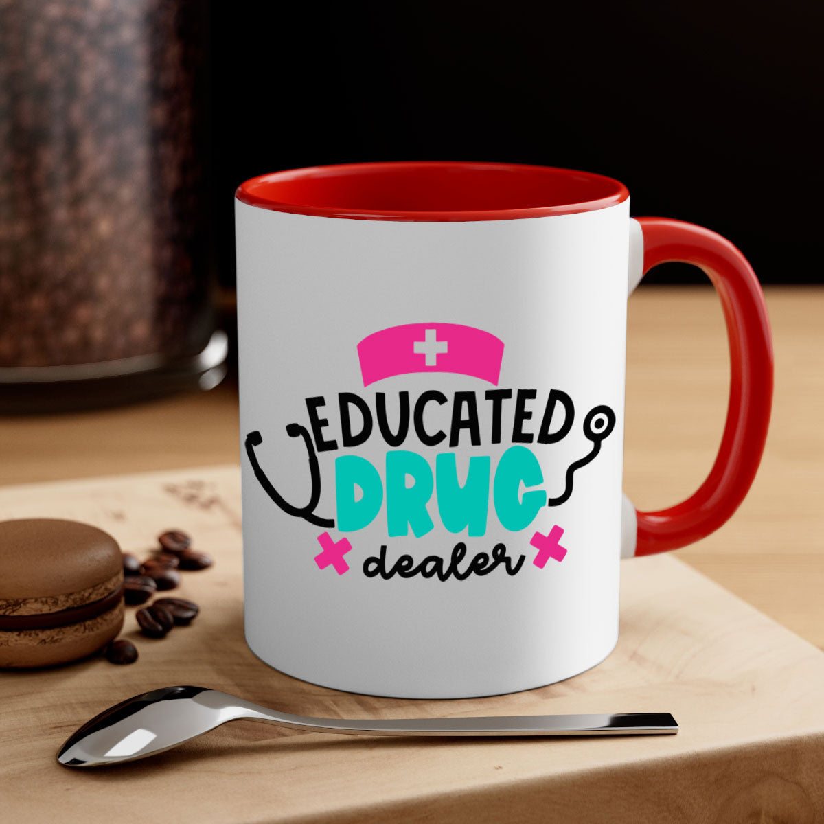 Educated Drug Dealer Style 195# Mug with colorful handle and glossy finish, perfect for coffee and tea.