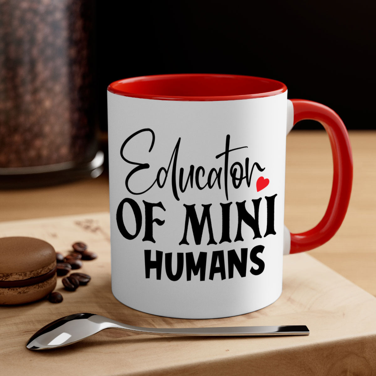 Educator of Mini Humans Style 180# Mug with a glossy finish, featuring a colored handle and interior, available in multiple colors.