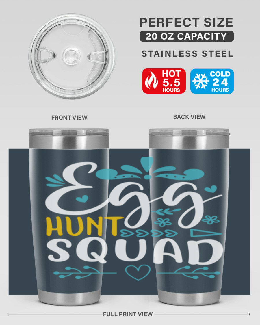 Egg Hunt Squad 93# Tumbler in vibrant colors, showcasing its double wall vacuum stainless steel design and drink-thru lid.