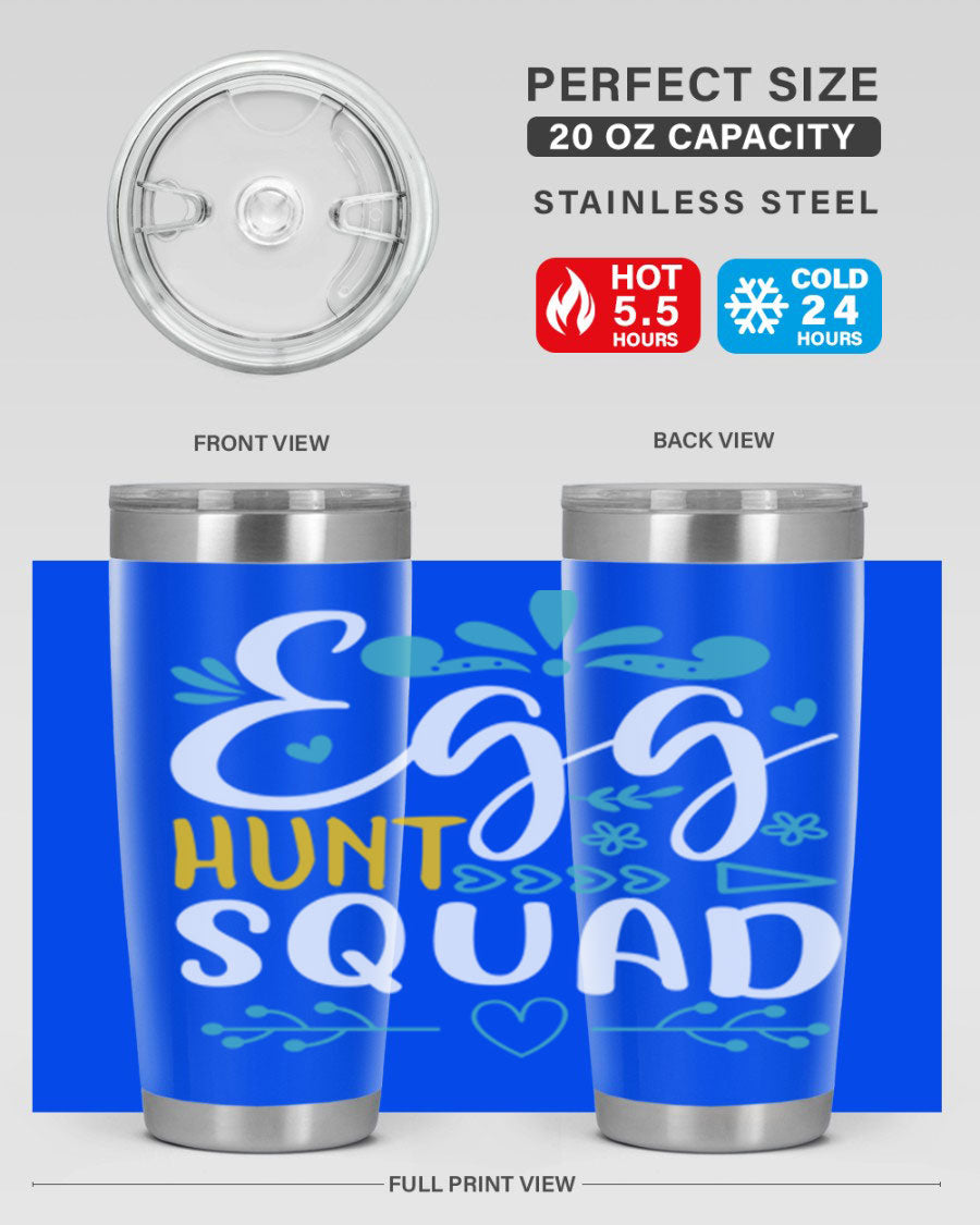 Egg Hunt Squad 93# Tumbler in vibrant colors, showcasing its double wall vacuum stainless steel design and drink-thru lid.
