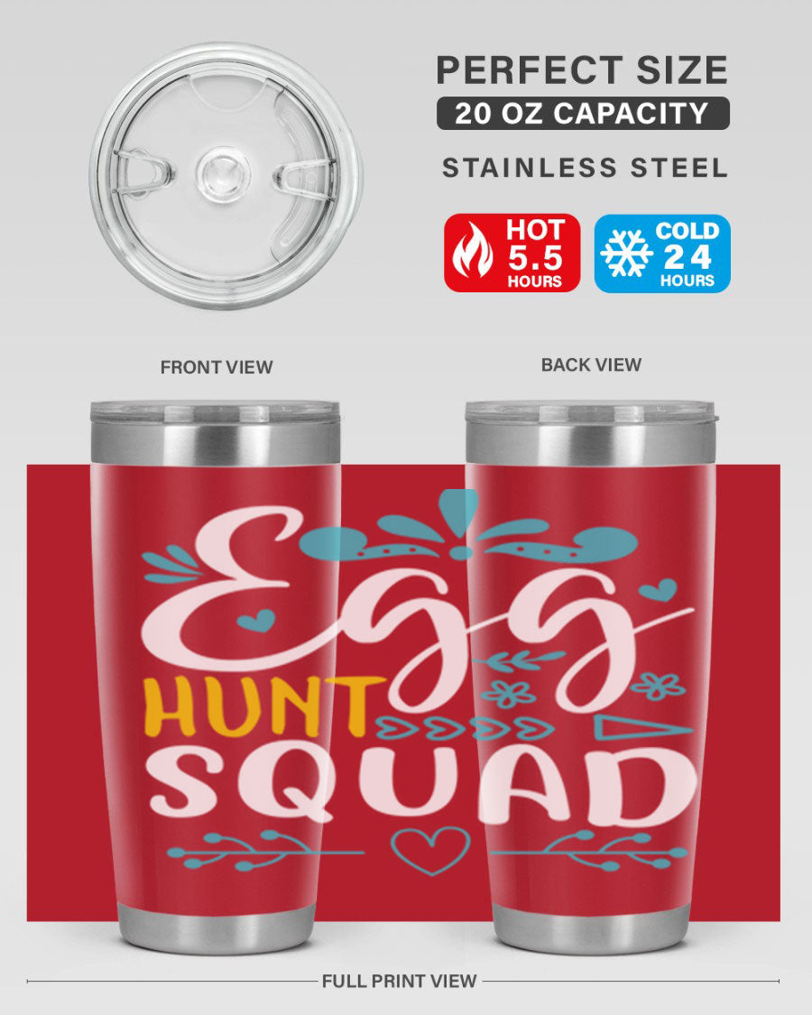 Egg Hunt Squad 93# Tumbler in vibrant colors, showcasing its double wall vacuum stainless steel design and drink-thru lid.
