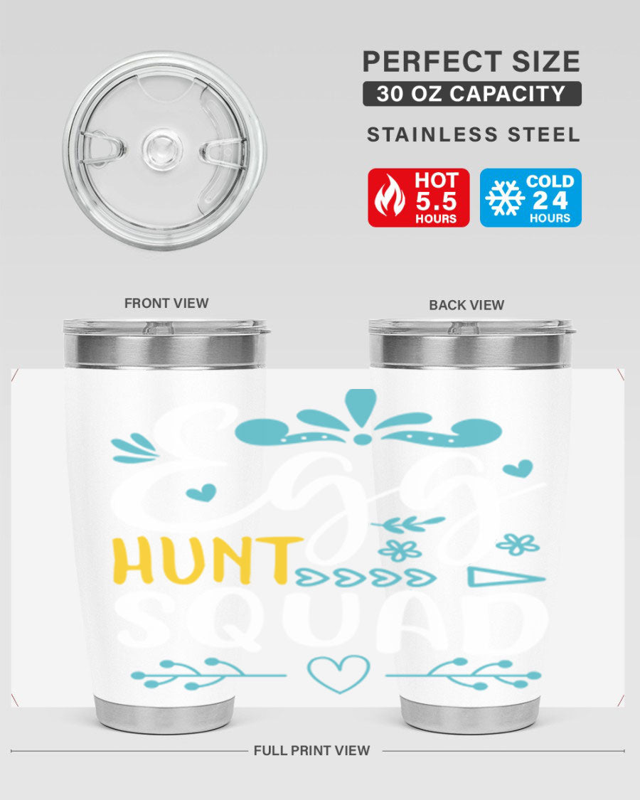 Egg Hunt Squad 93# Tumbler in vibrant colors, showcasing its double wall vacuum stainless steel design and drink-thru lid.