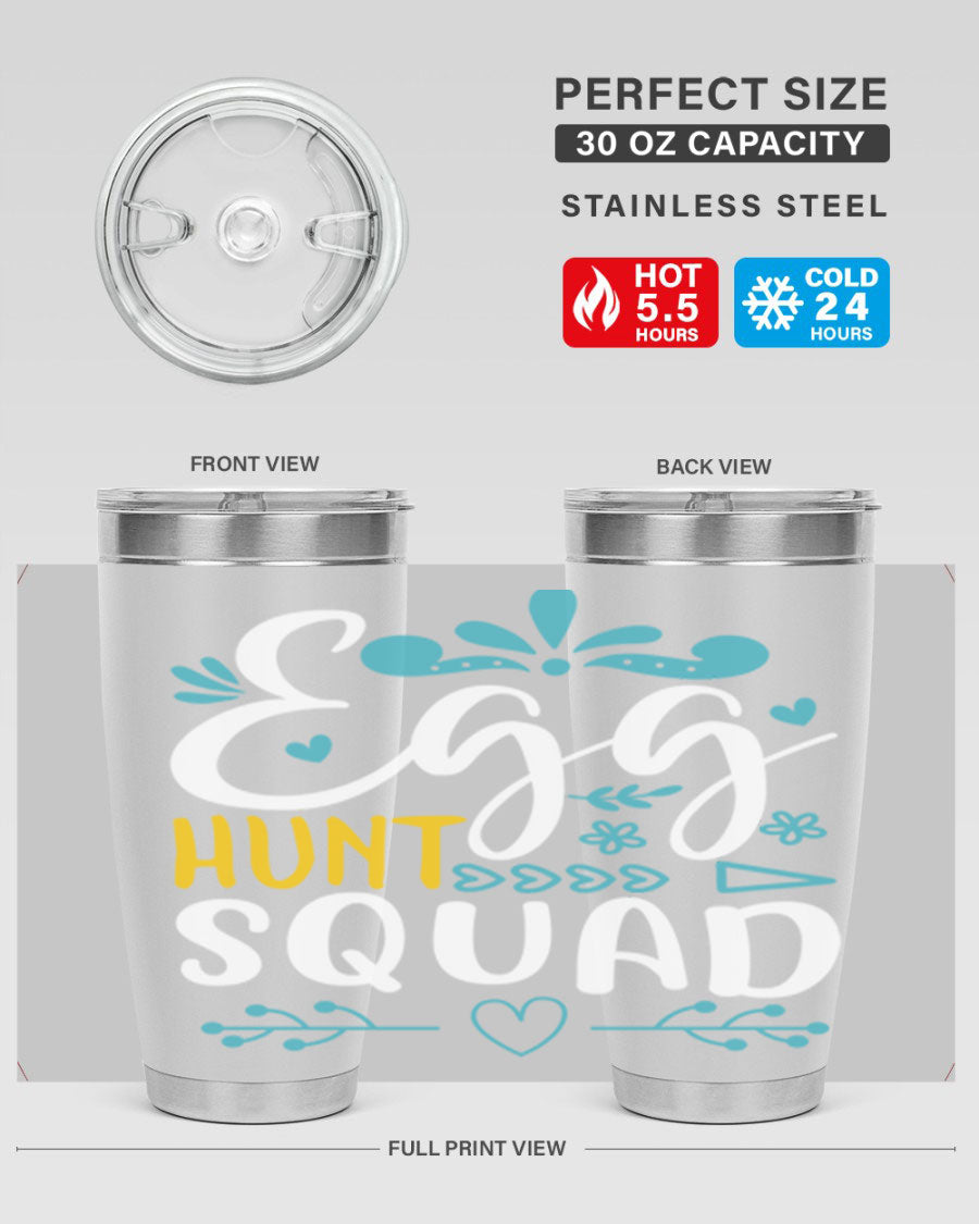 Egg Hunt Squad 93# Tumbler in vibrant colors, showcasing its double wall vacuum stainless steel design and drink-thru lid.