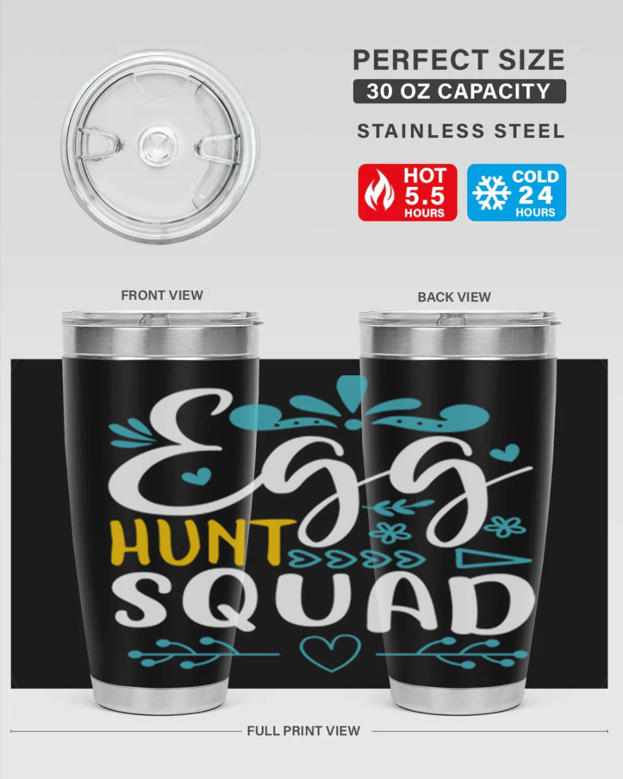 Egg Hunt Squad 93# Tumbler in vibrant colors, showcasing its double wall vacuum stainless steel design and drink-thru lid.