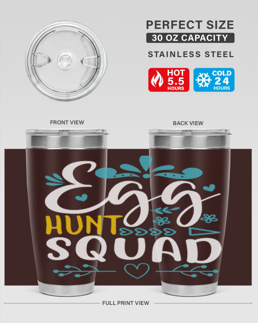Egg Hunt Squad 93# Tumbler in vibrant colors, showcasing its double wall vacuum stainless steel design and drink-thru lid.