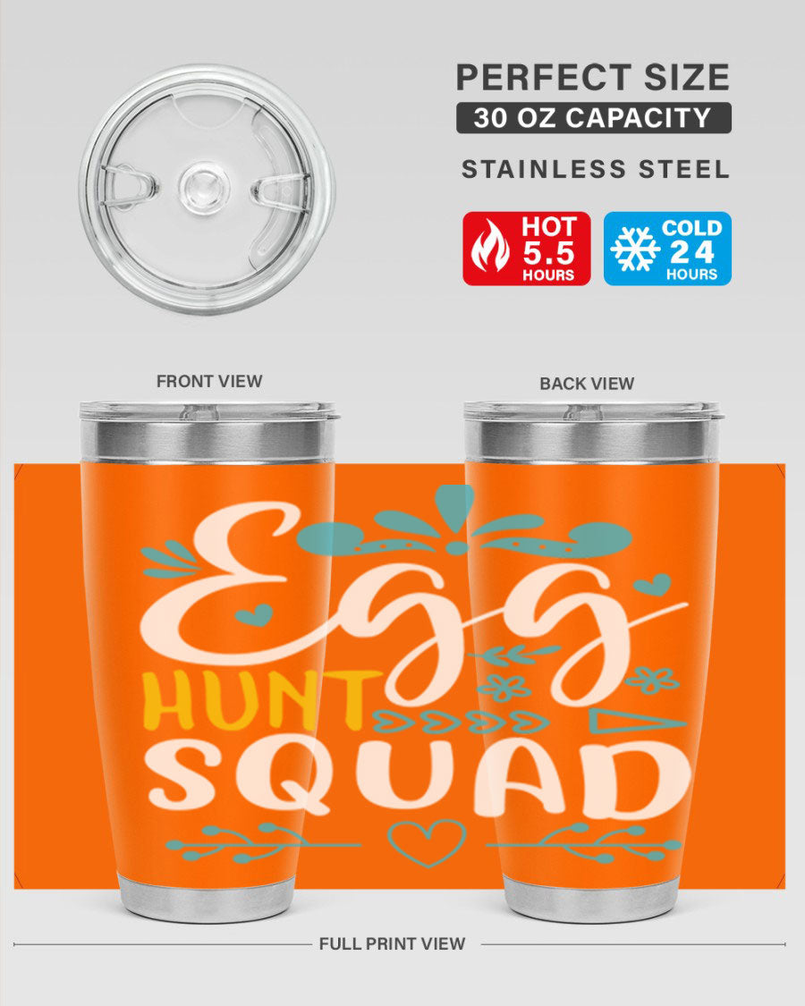 Egg Hunt Squad 93# Tumbler in vibrant colors, showcasing its double wall vacuum stainless steel design and drink-thru lid.