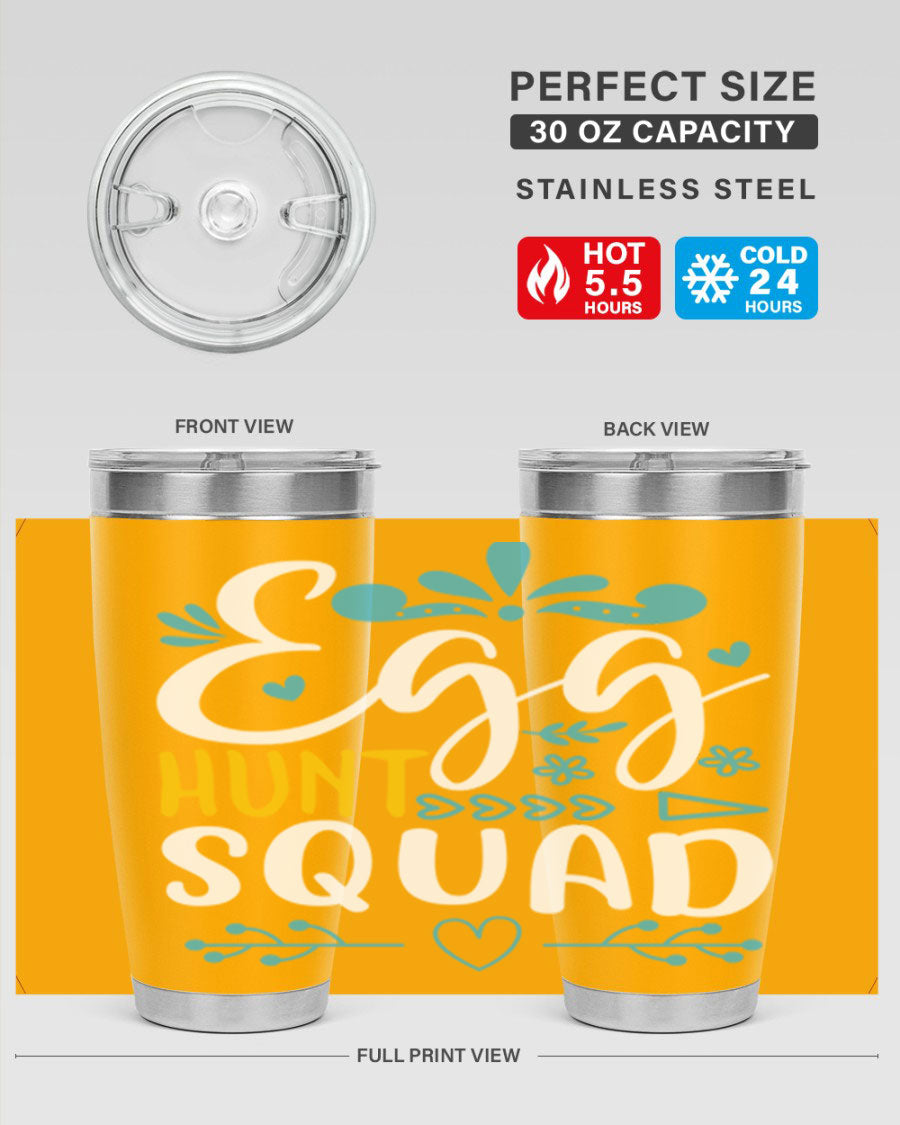 Egg Hunt Squad 93# Tumbler in vibrant colors, showcasing its double wall vacuum stainless steel design and drink-thru lid.