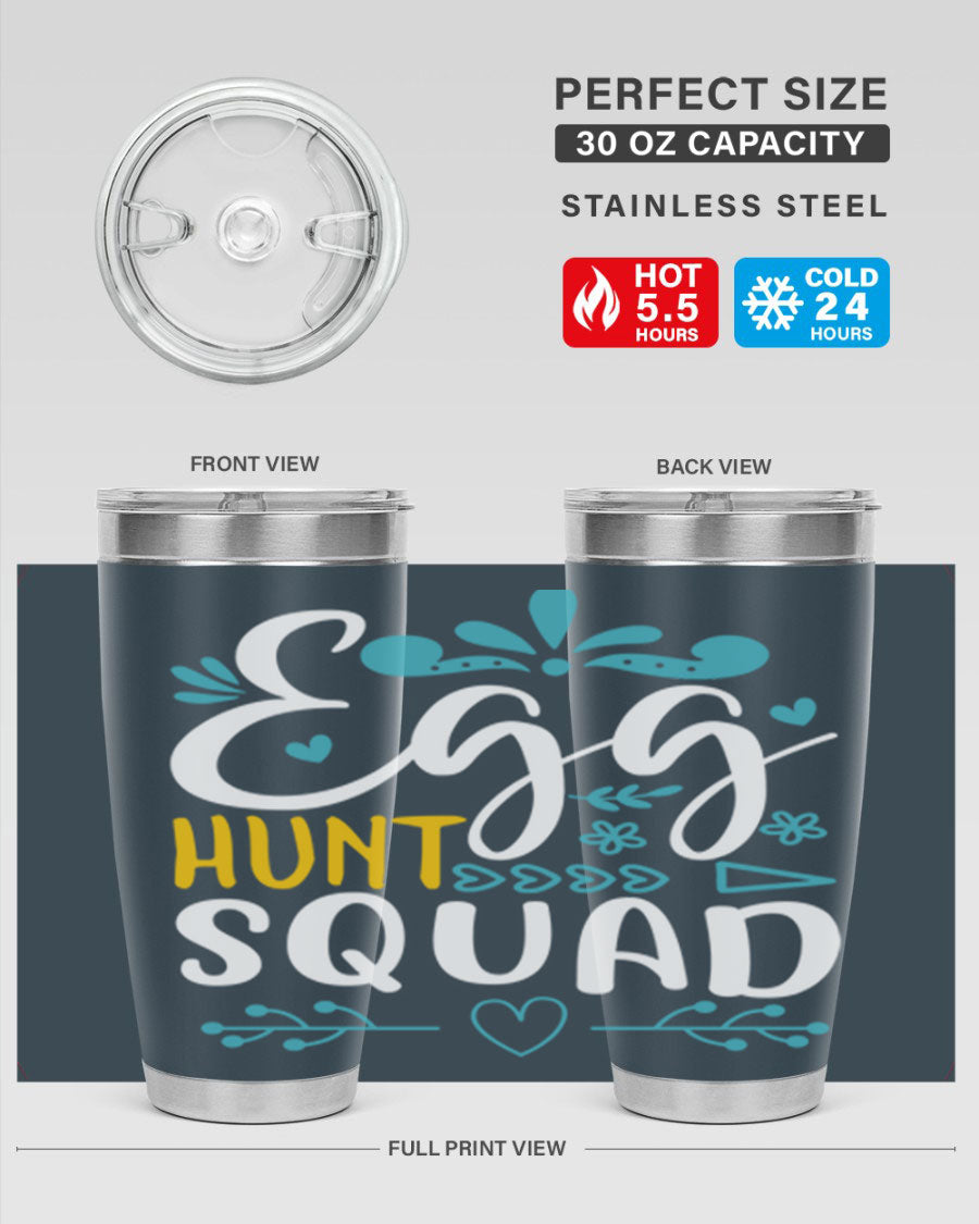 Egg Hunt Squad 93# Tumbler in vibrant colors, showcasing its double wall vacuum stainless steel design and drink-thru lid.