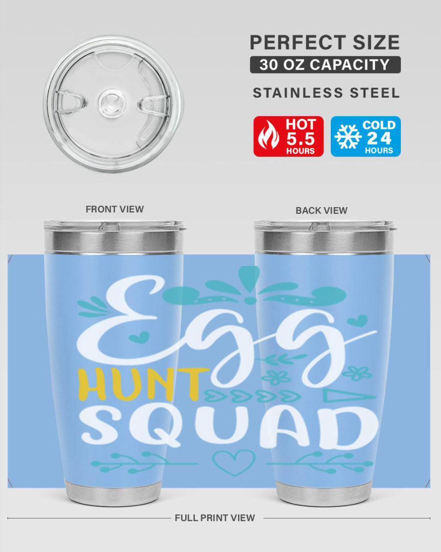 Egg Hunt Squad 93# Tumbler in vibrant colors, showcasing its double wall vacuum stainless steel design and drink-thru lid.