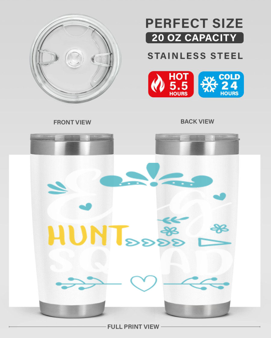 Egg Hunt Squad 93# Tumbler in vibrant colors, showcasing its double wall vacuum stainless steel design and drink-thru lid.