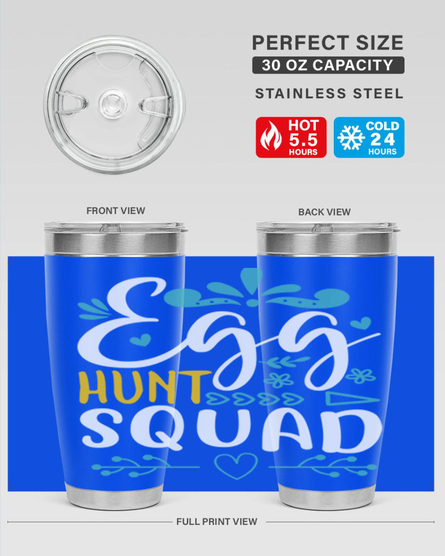 Egg Hunt Squad 93# Tumbler in vibrant colors, showcasing its double wall vacuum stainless steel design and drink-thru lid.