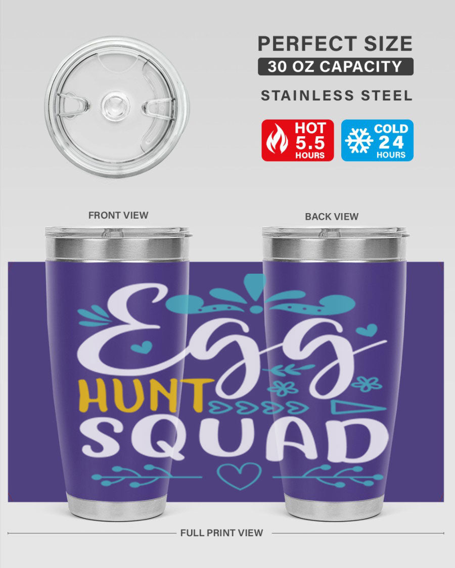 Egg Hunt Squad 93# Tumbler in vibrant colors, showcasing its double wall vacuum stainless steel design and drink-thru lid.