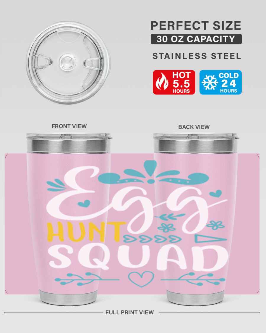 Egg Hunt Squad 93# Tumbler in vibrant colors, showcasing its double wall vacuum stainless steel design and drink-thru lid.