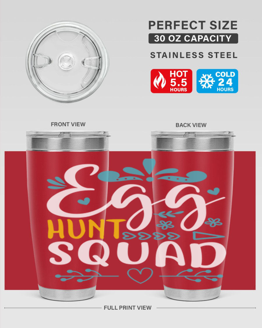 Egg Hunt Squad 93# Tumbler in vibrant colors, showcasing its double wall vacuum stainless steel design and drink-thru lid.