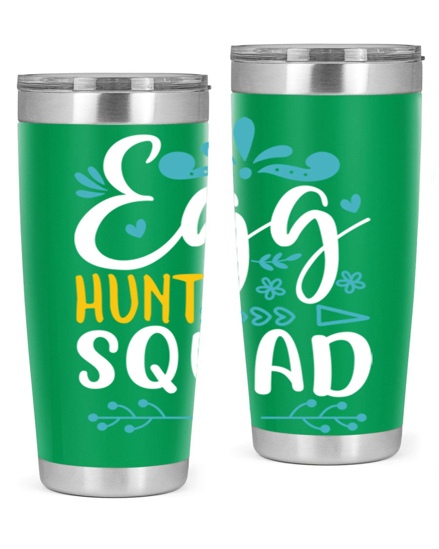 Egg Hunt Squad 93# Tumbler in vibrant colors, showcasing its double wall vacuum stainless steel design and drink-thru lid.