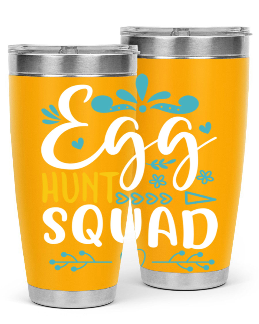 Egg Hunt Squad 93# Tumbler in vibrant colors, showcasing its double wall vacuum stainless steel design and drink-thru lid.