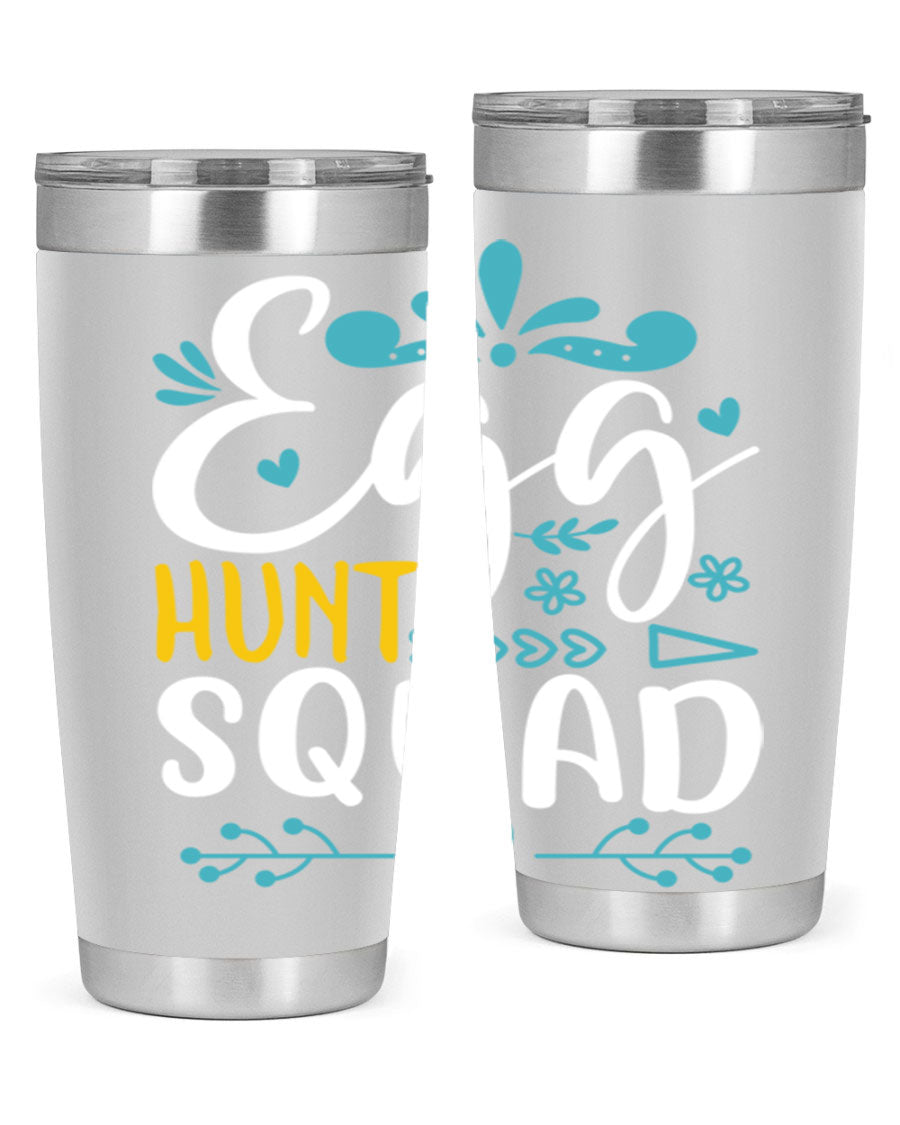 Egg Hunt Squad 93# Tumbler in vibrant colors, showcasing its double wall vacuum stainless steel design and drink-thru lid.