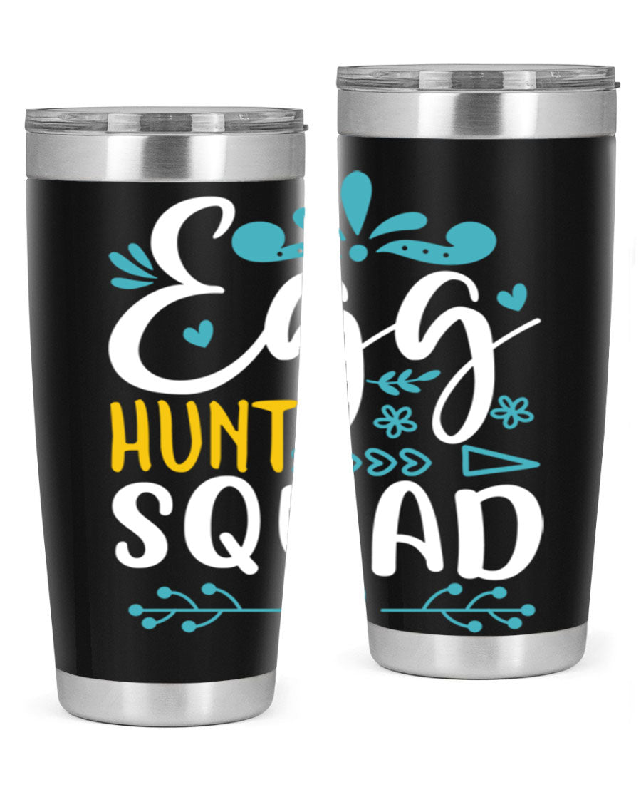 Egg Hunt Squad 93# Tumbler in vibrant colors, showcasing its double wall vacuum stainless steel design and drink-thru lid.