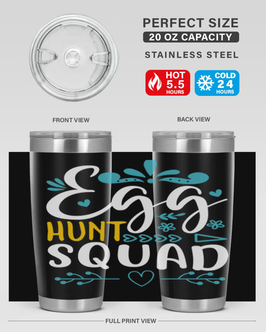 Egg Hunt Squad 93# Tumbler in vibrant colors, showcasing its double wall vacuum stainless steel design and drink-thru lid.