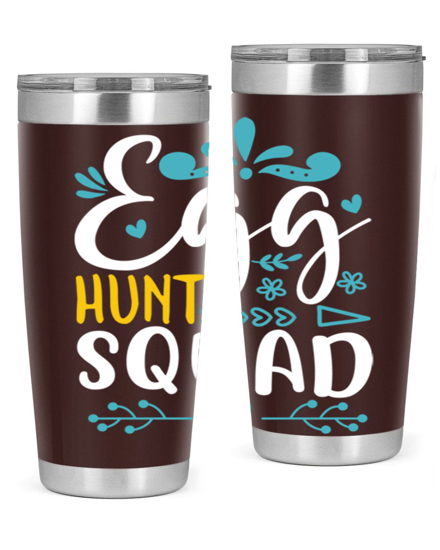 Egg Hunt Squad 93# Tumbler in vibrant colors, showcasing its double wall vacuum stainless steel design and drink-thru lid.