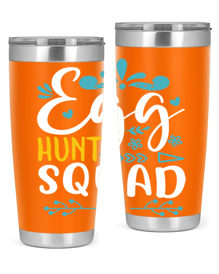 Egg Hunt Squad 93# Tumbler in vibrant colors, showcasing its double wall vacuum stainless steel design and drink-thru lid.