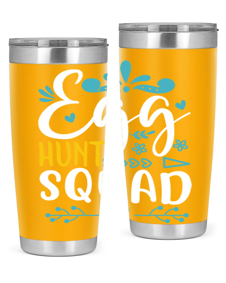 Egg Hunt Squad 93# Tumbler in vibrant colors, showcasing its double wall vacuum stainless steel design and drink-thru lid.