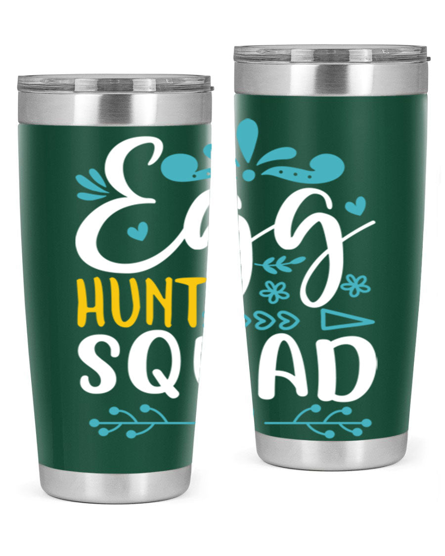 Egg Hunt Squad 93# Tumbler in vibrant colors, showcasing its double wall vacuum stainless steel design and drink-thru lid.