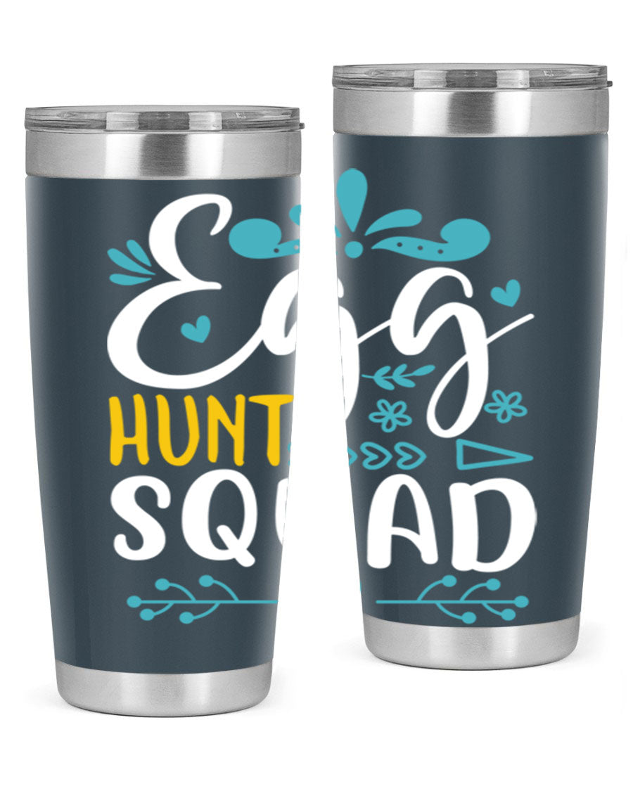 Egg Hunt Squad 93# Tumbler in vibrant colors, showcasing its double wall vacuum stainless steel design and drink-thru lid.