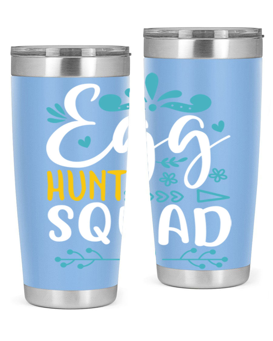 Egg Hunt Squad 93# Tumbler in vibrant colors, showcasing its double wall vacuum stainless steel design and drink-thru lid.