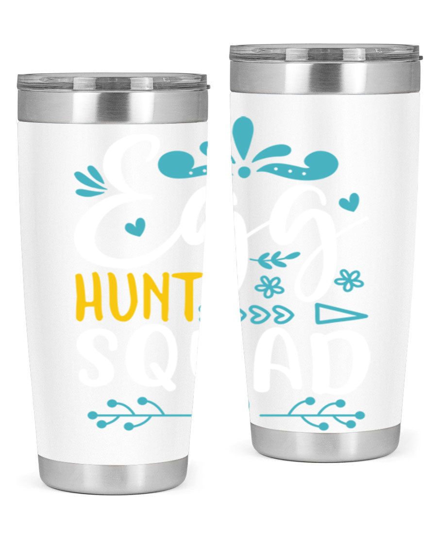 Egg Hunt Squad 93# Tumbler in vibrant colors, showcasing its double wall vacuum stainless steel design and drink-thru lid.