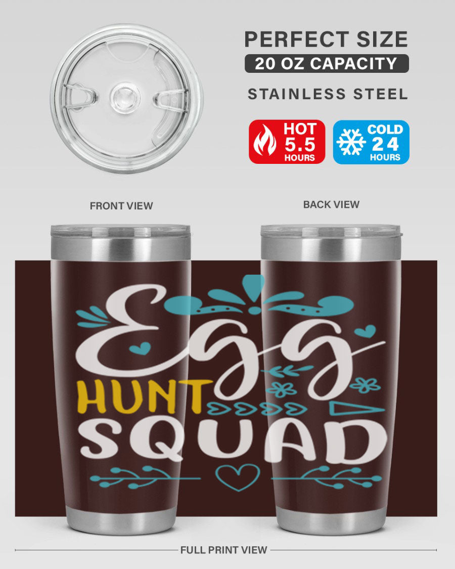 Egg Hunt Squad 93# Tumbler in vibrant colors, showcasing its double wall vacuum stainless steel design and drink-thru lid.