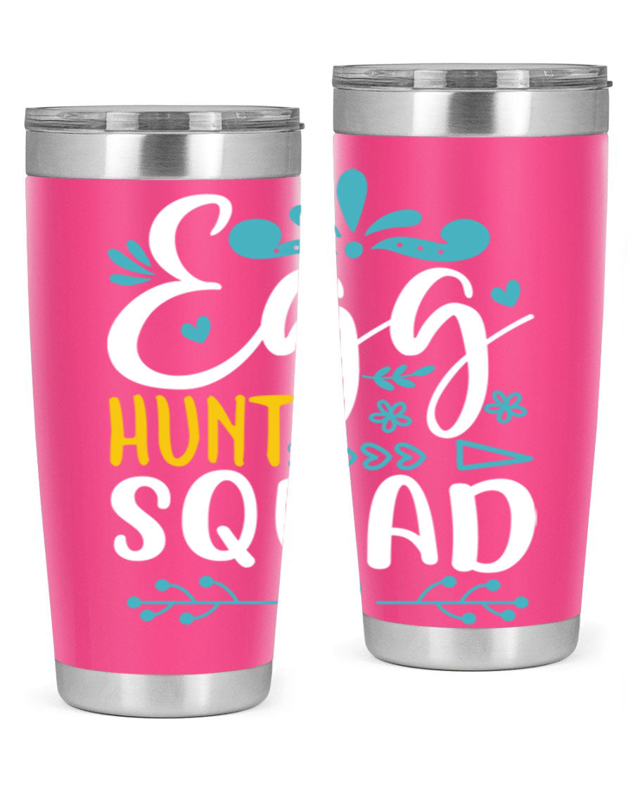 Egg Hunt Squad 93# Tumbler in vibrant colors, showcasing its double wall vacuum stainless steel design and drink-thru lid.