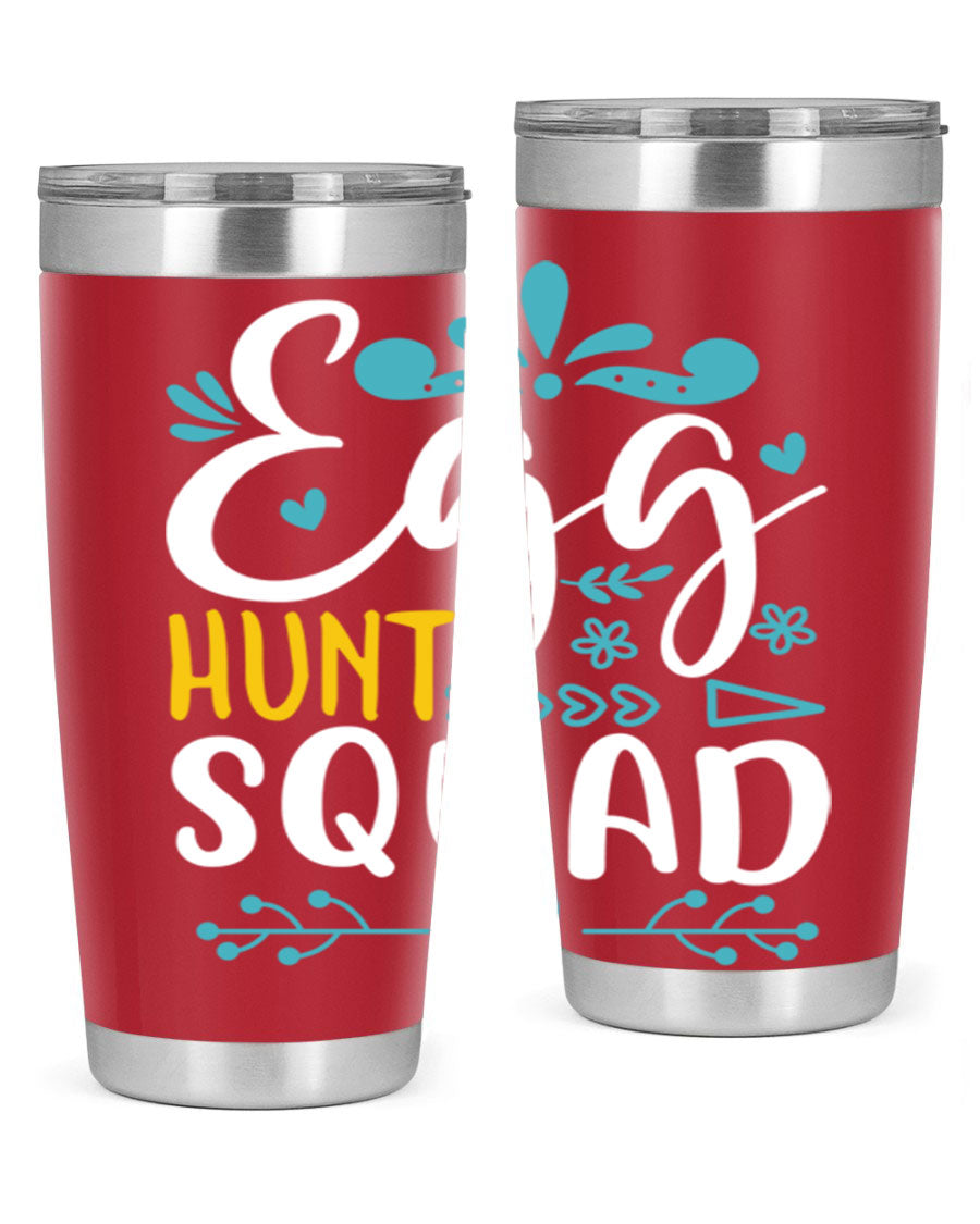 Egg Hunt Squad 93# Tumbler in vibrant colors, showcasing its double wall vacuum stainless steel design and drink-thru lid.