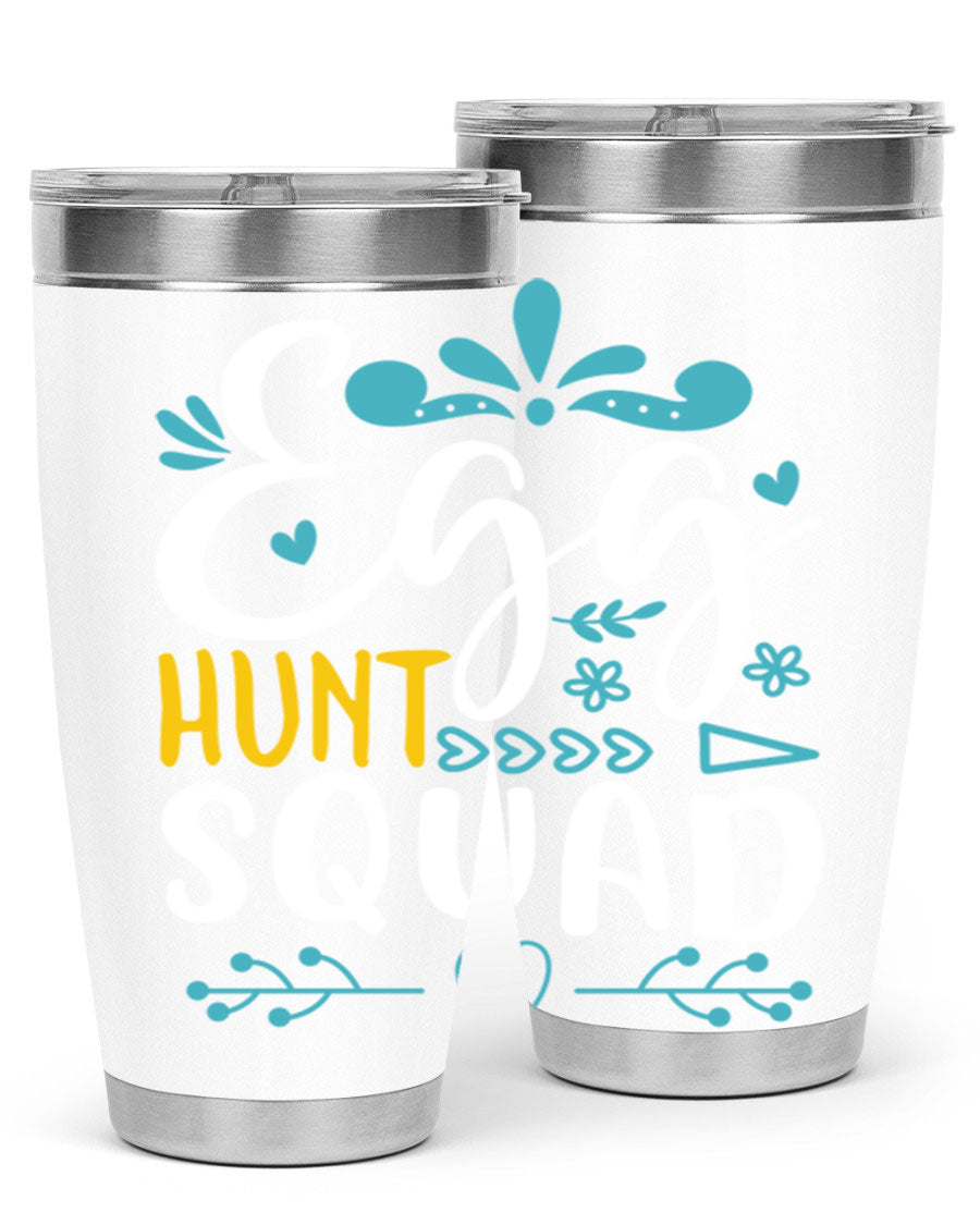 Egg Hunt Squad 93# Tumbler in vibrant colors, showcasing its double wall vacuum stainless steel design and drink-thru lid.
