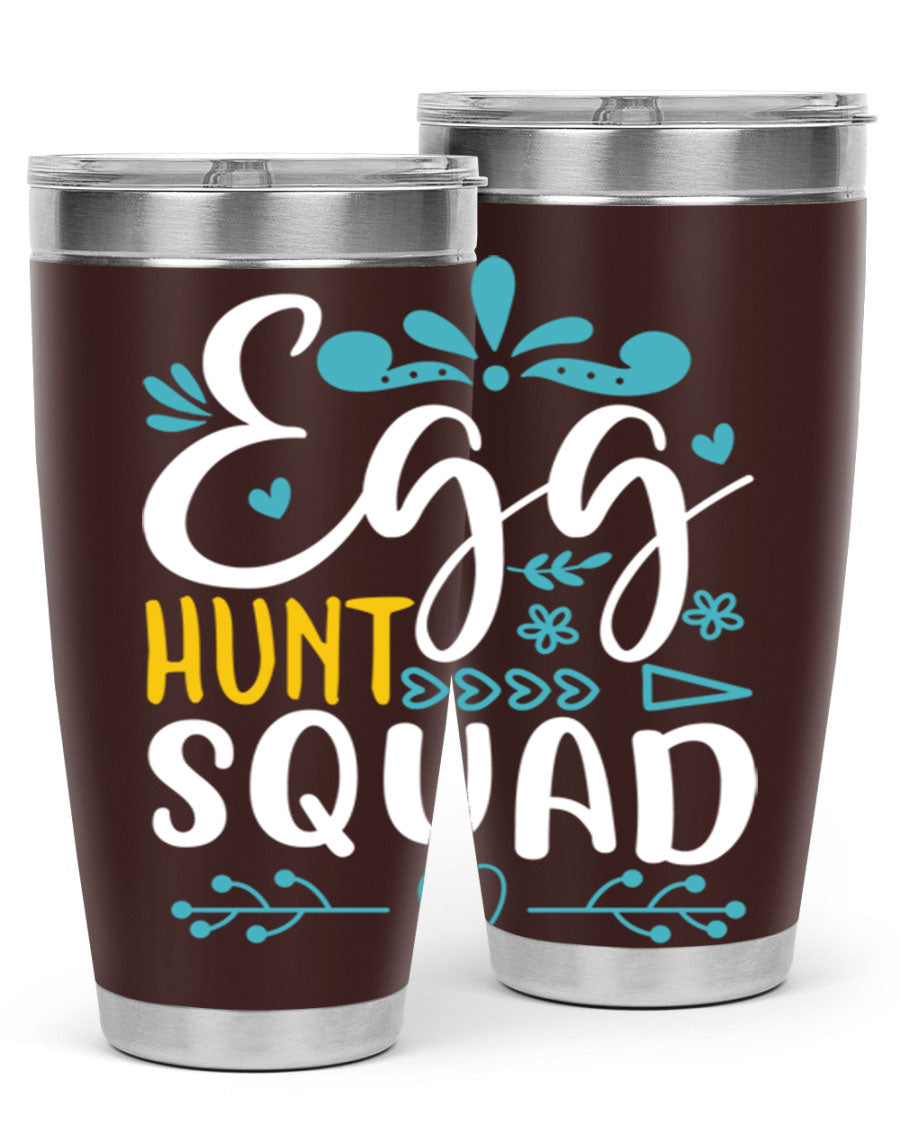 Egg Hunt Squad 93# Tumbler in vibrant colors, showcasing its double wall vacuum stainless steel design and drink-thru lid.