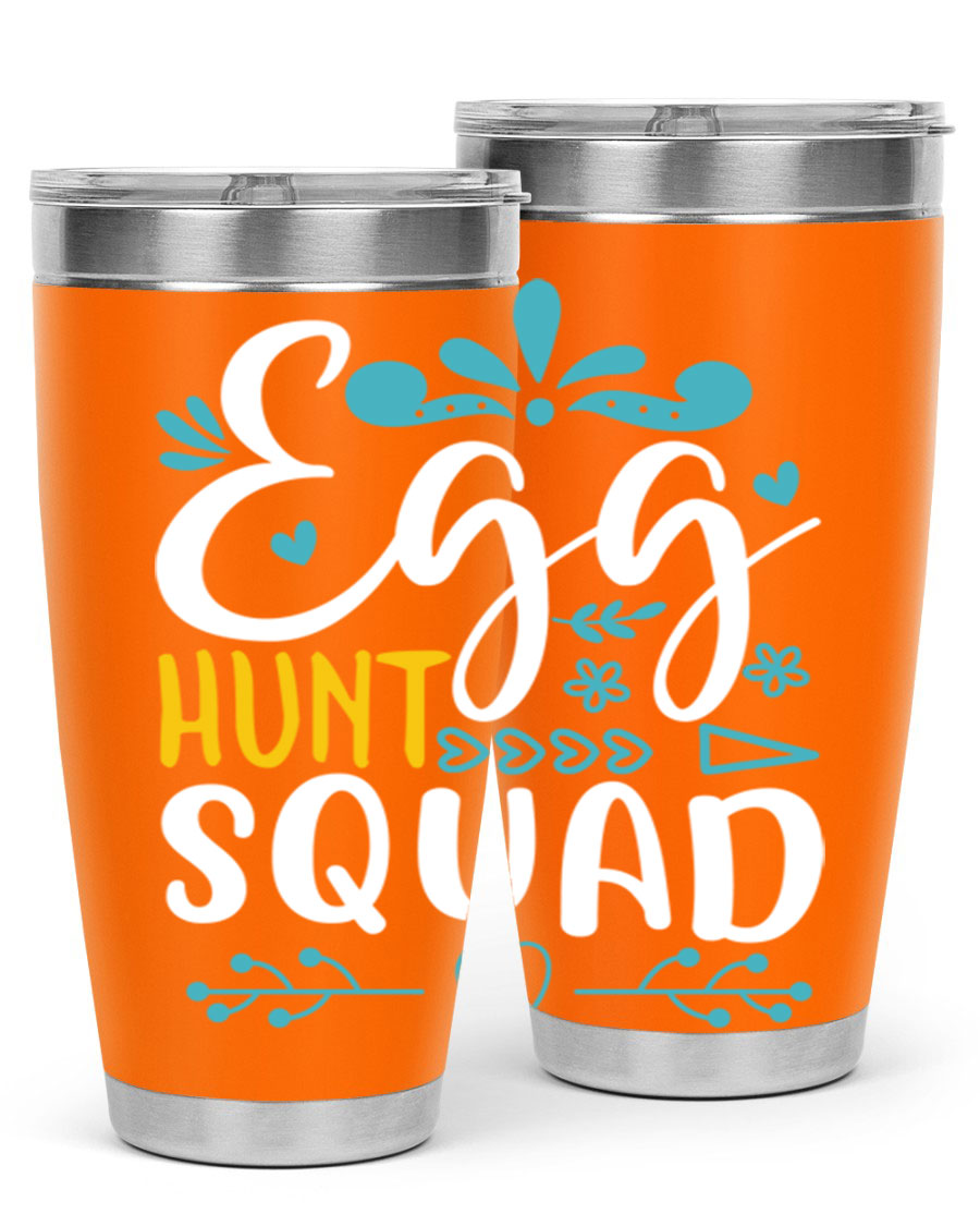Egg Hunt Squad 93# Tumbler in vibrant colors, showcasing its double wall vacuum stainless steel design and drink-thru lid.