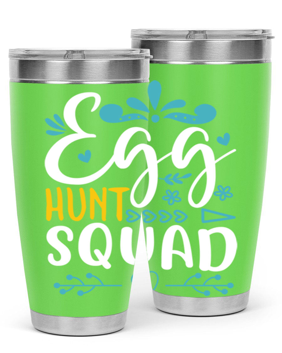 Egg Hunt Squad 93# Tumbler in vibrant colors, showcasing its double wall vacuum stainless steel design and drink-thru lid.
