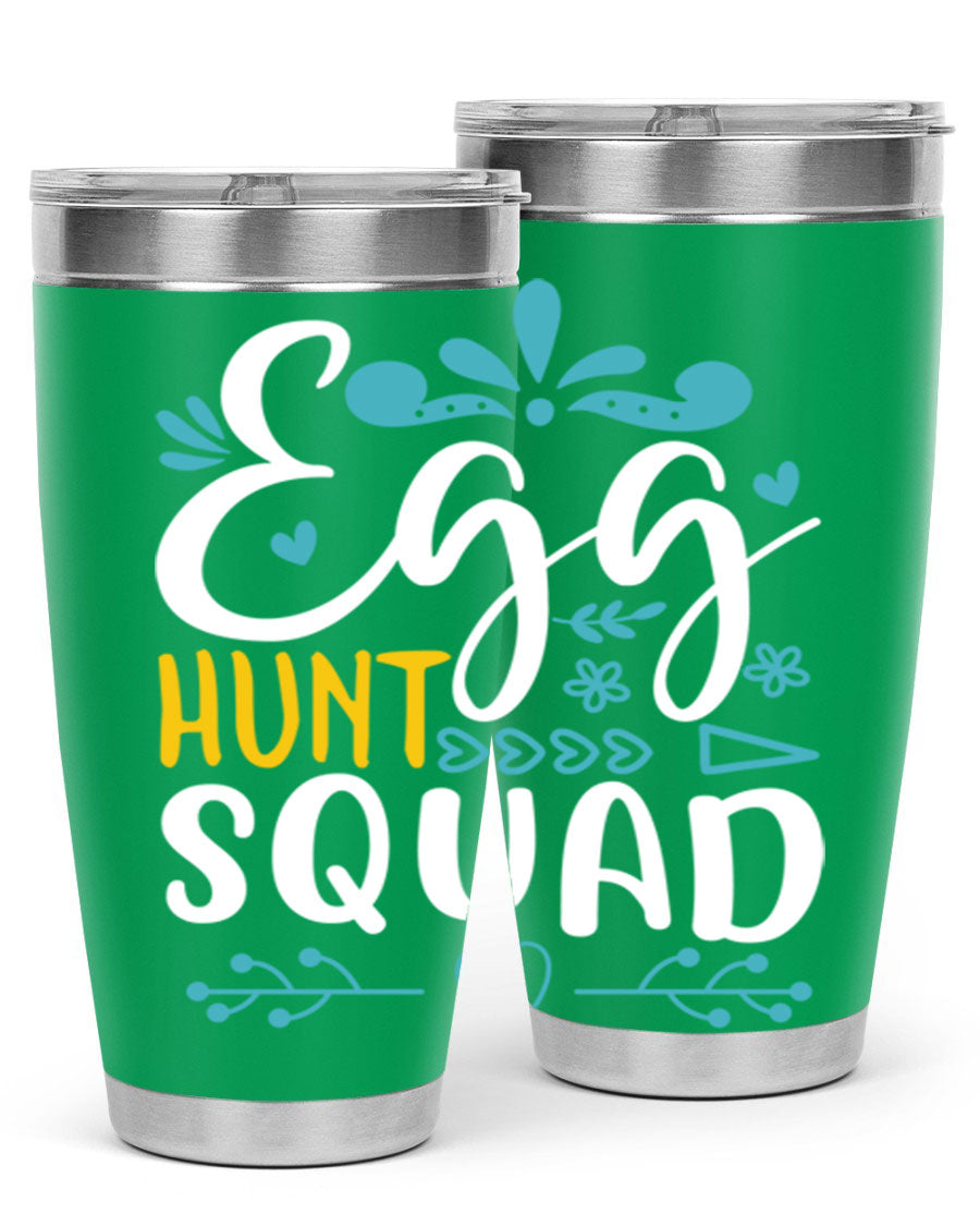 Egg Hunt Squad 93# Tumbler in vibrant colors, showcasing its double wall vacuum stainless steel design and drink-thru lid.