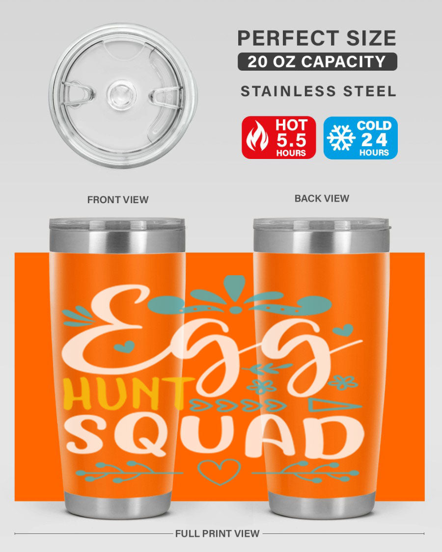 Egg Hunt Squad 93# Tumbler in vibrant colors, showcasing its double wall vacuum stainless steel design and drink-thru lid.