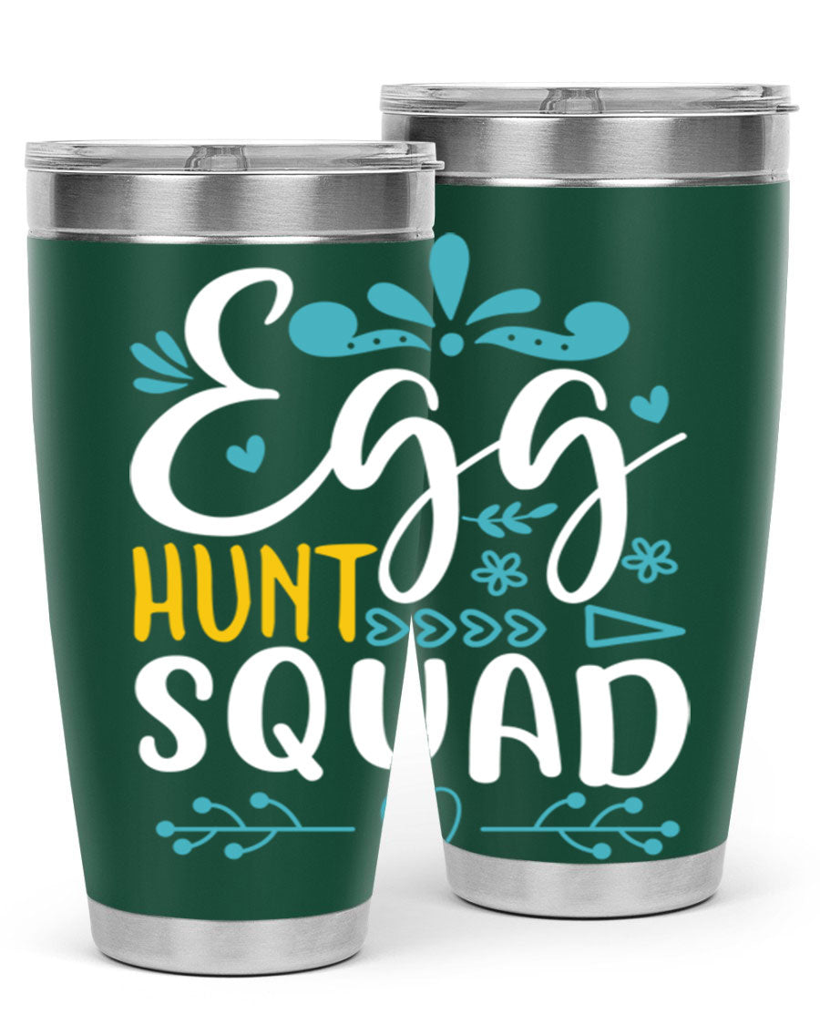Egg Hunt Squad 93# Tumbler in vibrant colors, showcasing its double wall vacuum stainless steel design and drink-thru lid.